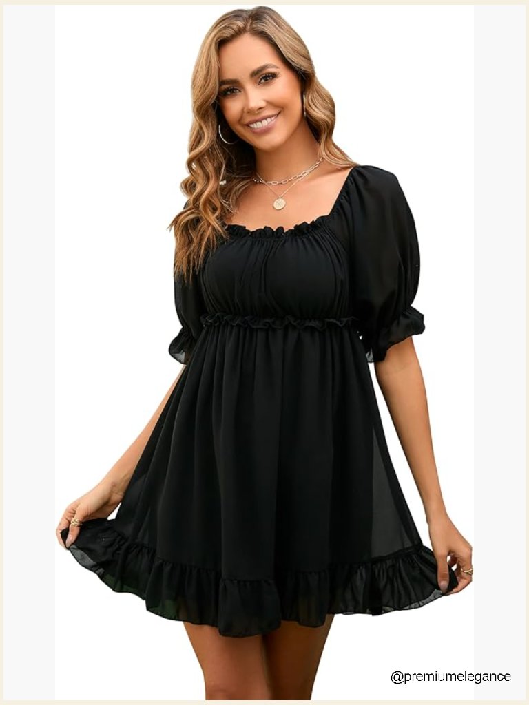 Boho Short Sleeve Mini Dress Square Neck Ruffle Beach Dress